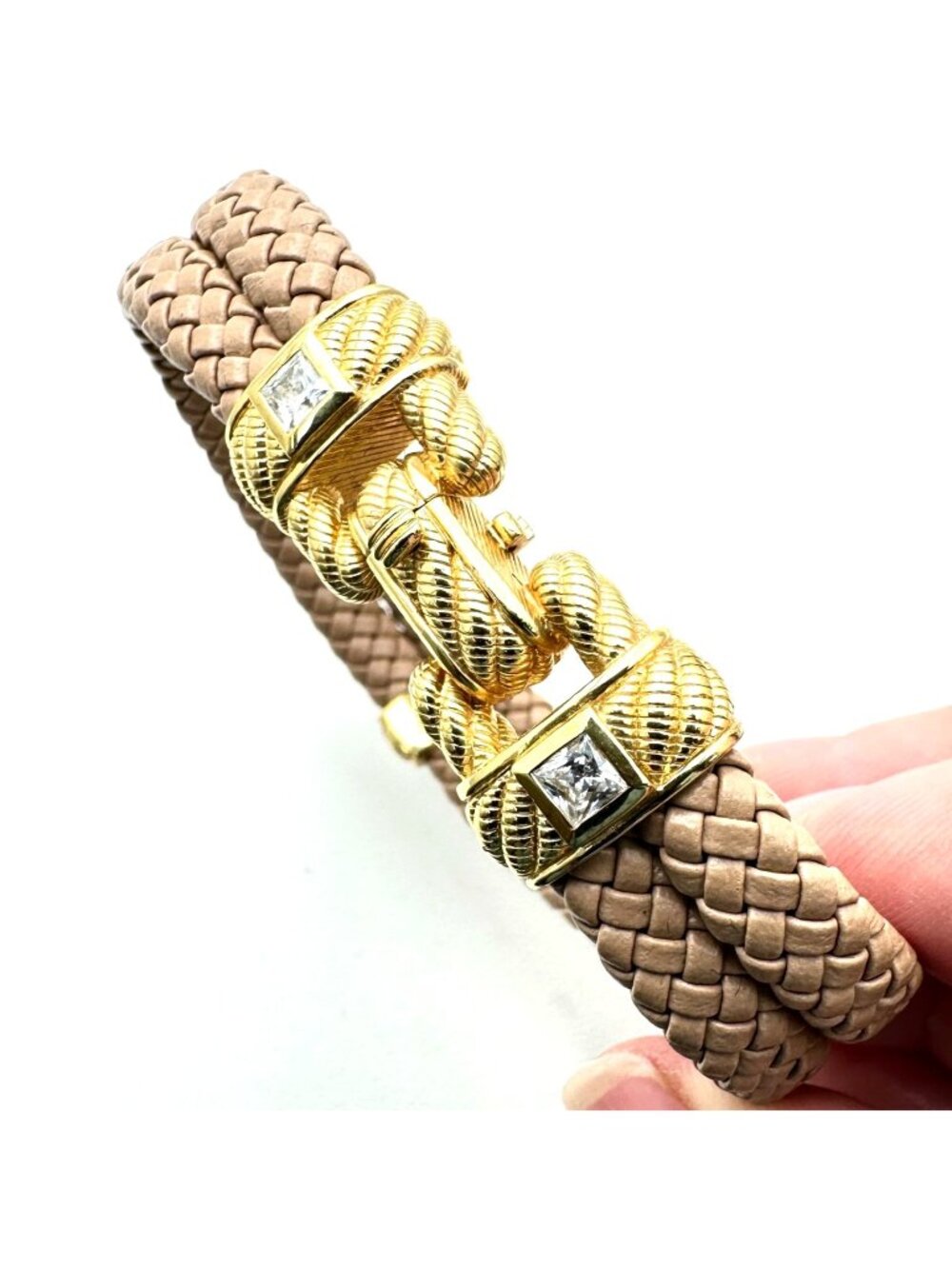 Judith Ripka Bracelet CZ Gold Over Sterling Silver Tan Leather 7.5 Inch